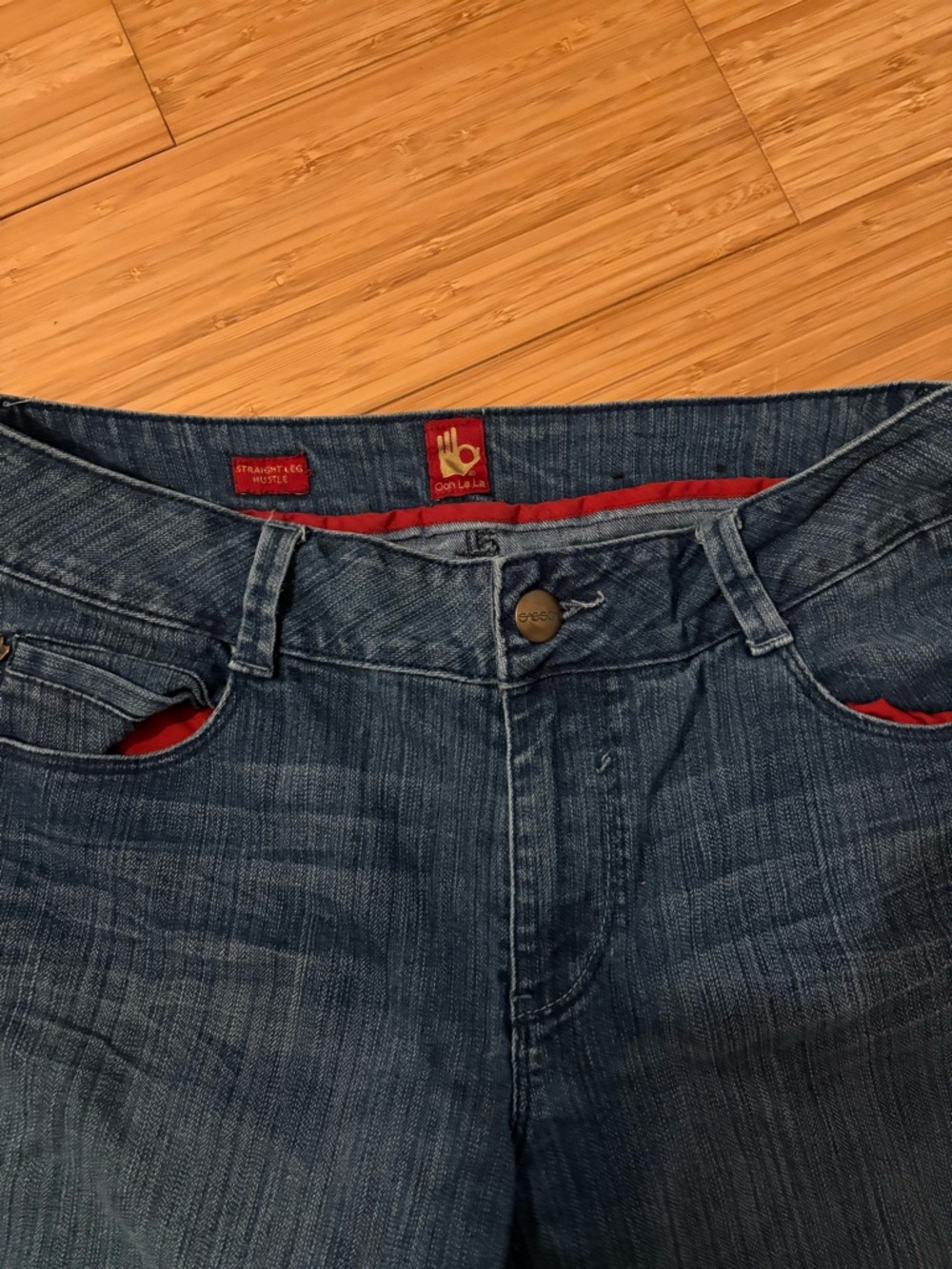 Ooh La La Vintage Blue Denim Jeans with Red Pocket Trim